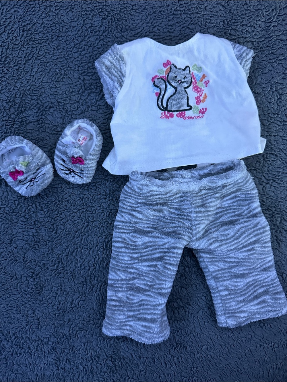 American girl Bitty baby Cat Top, Zebra Print Pants & Cat Booties - White & Gray